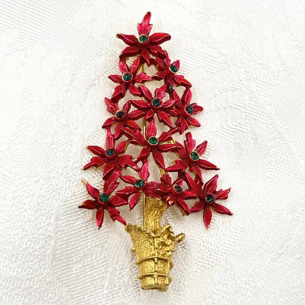 Vintage MYLU Red Poinsettia CHRISTMAS TREE Rhinestone‎ & Enamel PIN BROOCH